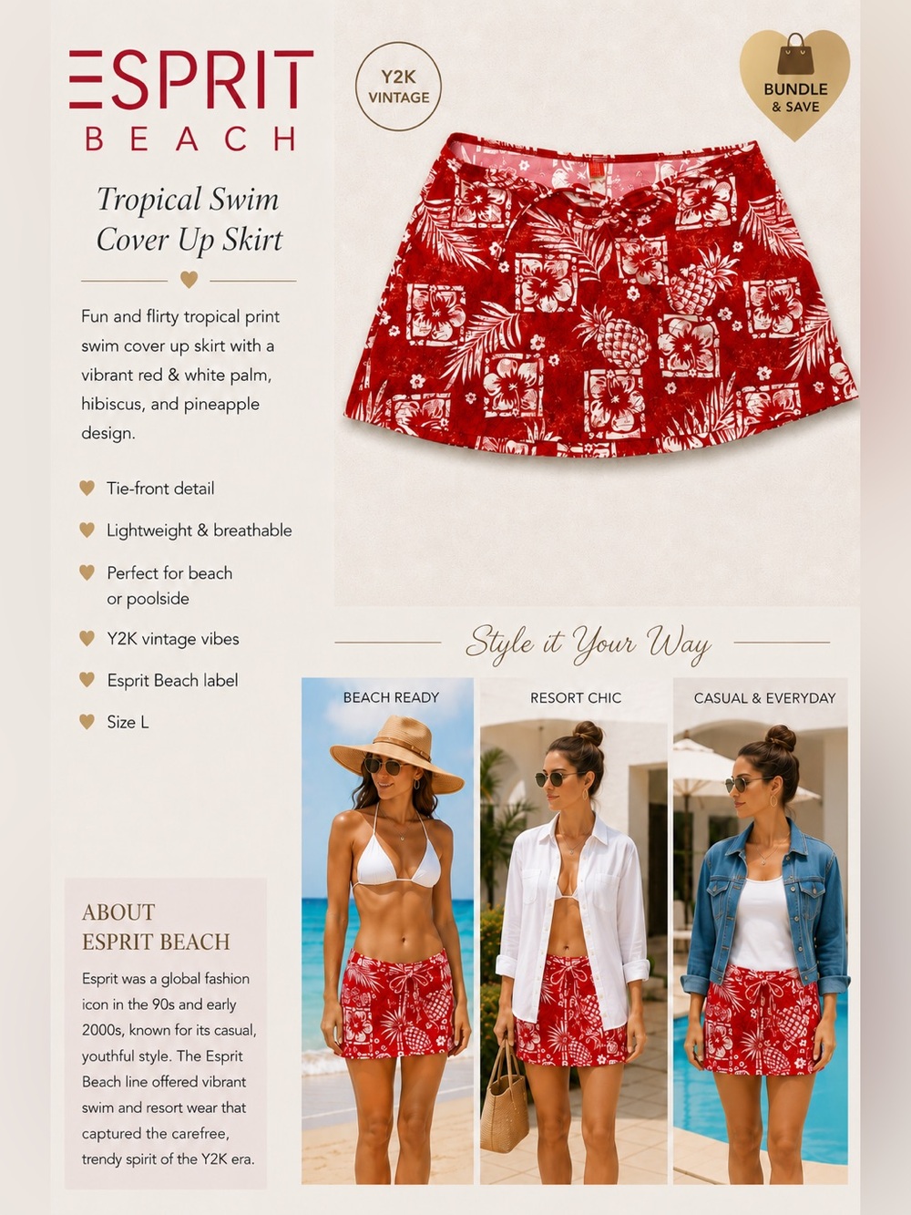 Vintage Esprit Beach Tropical Swim Cover Up Skirt Red & White Print | Size Large